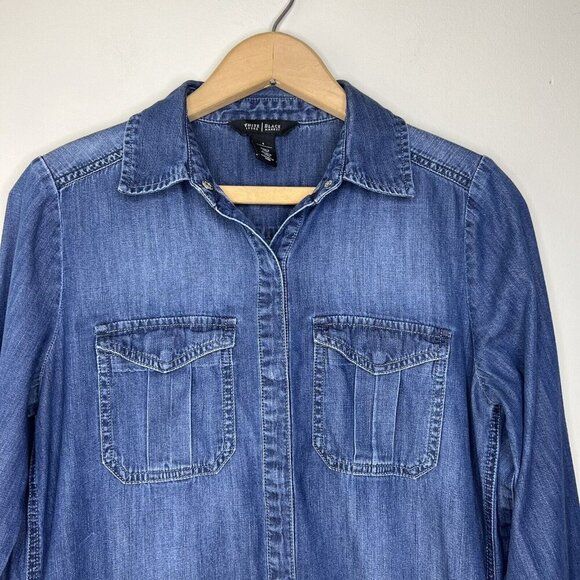 White House Black Market Denim Shirt Dress Sz 4 Jean Coastal Cowgirl - Picture 2 of 8